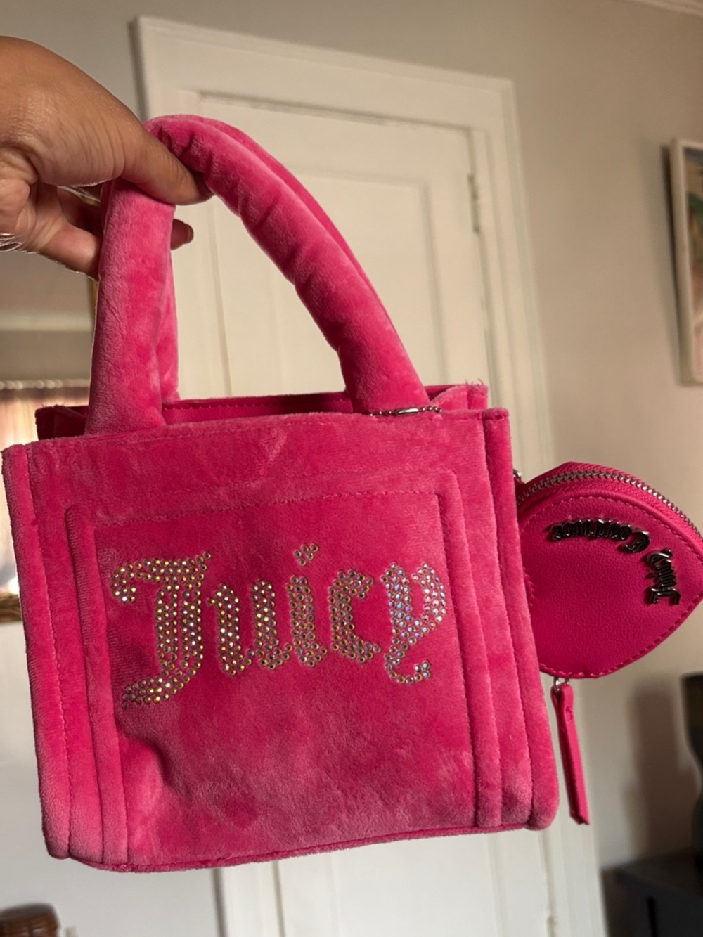 Juicy Couture Hot Pink Velvet Mini Tote with Crystal 'Juice' Logo